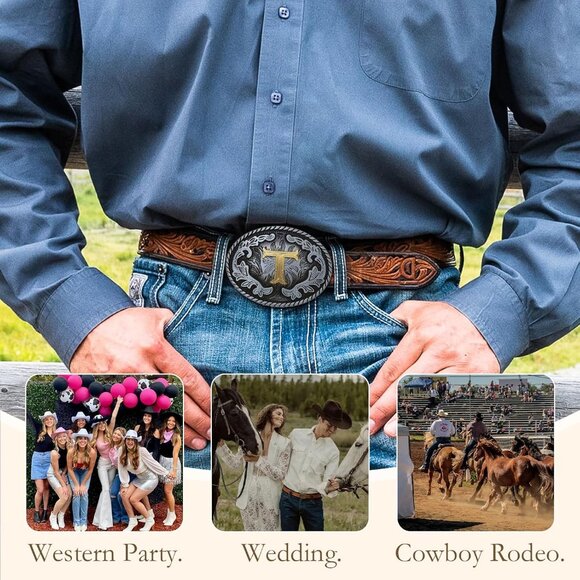 Men's Blue/Black Standard Western Cowboy Initial Letter T Oval Belt Buckle - Picture 5 of 6